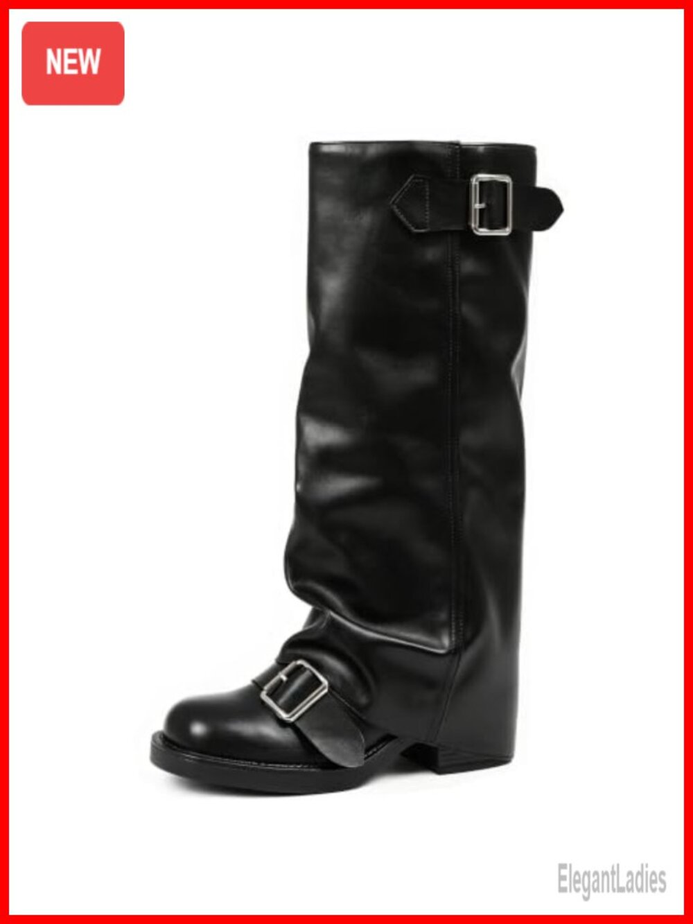 Fold Over Knee High Boots Round Toe Chunky Block Heel Pull On